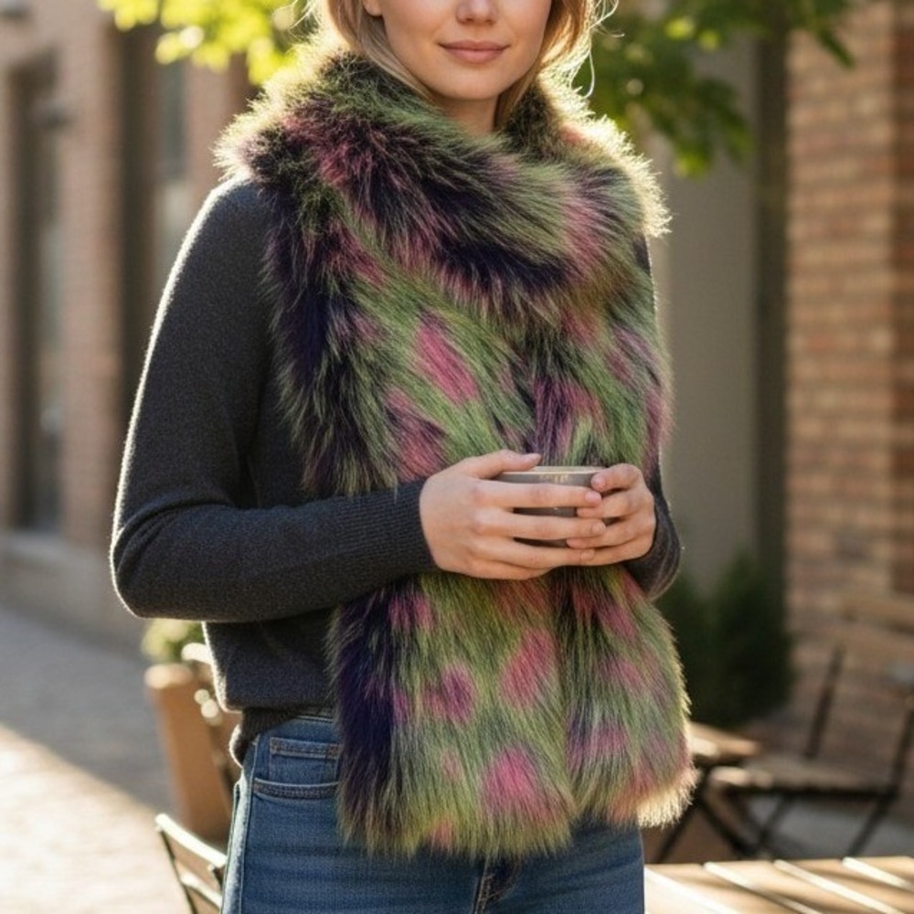 Multi Color Faux Fur Stole Scarf Green Pink Purple Long Pile 64 Inch Statement